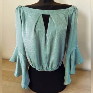 Blooms In The City Elegant Satin Off Shoulder Green Blouse With Bell Sleeves